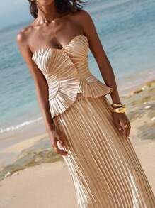 Opulessa 2pcs Women Solid Woven Bandeau Top & High Waist Mermaid Hem Skirt Set