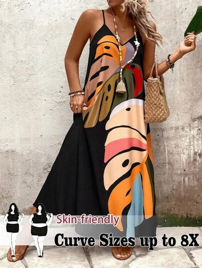 SHEIN CURVE+ 大码女式树叶印花无袖超长 A 字连衣裙