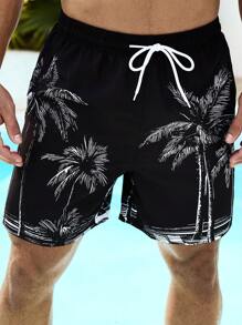 Surfspeed Men's Palm Tree Print Drawstring Waist Loose Casual Beach Shorts - Black - View 7