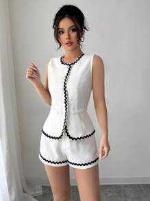 Franclia 休闲优雅蕾丝边修身圆领无袖上衣+高腰阔腿短裤2件套 杏色薄款 夏季 - 杏色 - 查看 7