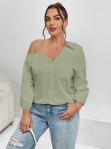 SHEIN Essnce Plus Size Women's Clothing Spring And Summer New Fashion Street Shooting Casual Asymmetrical Shoulder Shirt - Green - View 5