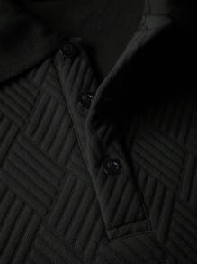 Manfinity Homme 男士紋理圖案短袖 Polo 衫，休閒時尚，適合夏季與正式場合 - 黑色 - 查看 5