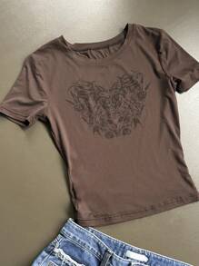 DAZY Women's Slim Fit Round Neck Printed T-Shirt, Spring Style Weekend, Summer - Coffee Brown - View 6