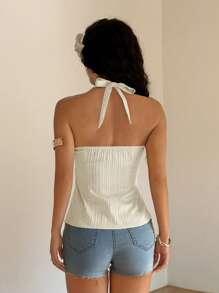 SHEIN Unity 女式纯色褶皱设计时尚挂脖衬衫