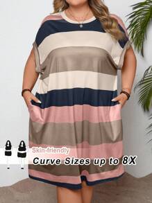 SHEIN CURVE+ Plus Size Women's Casual Striped Color-Block Pattern Round Neck Midi Dress,Summer Outfits For Womenbeach Outfits For Woman/Beach Dress/Beach Vacation Outfits/Beach Essentials / Graduation/Tea Party Dress