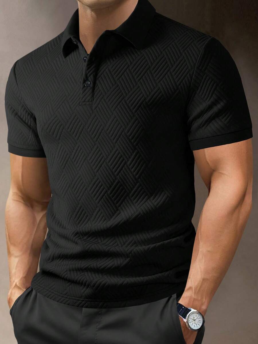 Manfinity Homme 男士紋理圖案短袖 Polo 衫,休閒時尚,適合夏季與正式場合 - 黑色 - 查看 1