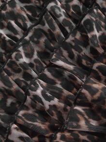 SHEIN MOD Plus Size Women Leopard Print Mesh Contrast Trim Mini Shorts, Ruffled Shorts,Leopard Print Shorts, Ruffle Shorts, Shorts Skirt - Brown - View 5