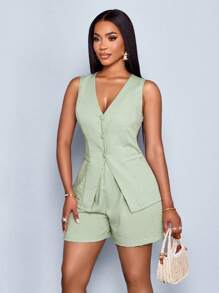 SOLERSUN Women's Solid Button Front Vest Blazer & Shorts - Green - View 5