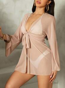 Swim Chiccia Solid Color Knotted Sheer Deep V-Neck Long Sleeve Cover Up Kimono For Summer Beach Vacation - Apricot - View 6