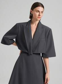 Ontre 女士简约通勤超大西装、办公室夹克和裙子套装、教师通勤装 - 灰色 - 查看 6