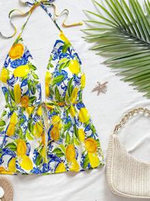 Soleia Top crop da donna senza maniche e senza schienale con stampa di frutti tropicali colorati della Sicilia, adatto per vacanze