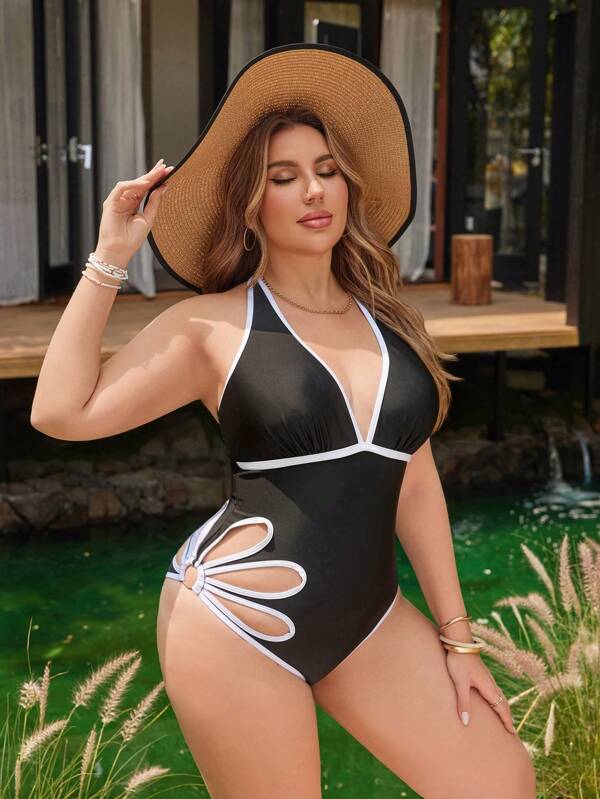 Swim Chiccia Plus Size Women's One-Piece Swimsuit, V-Neck Floral Cutout Design Halter Tie Back Casual Beach Vacation Swimwear, Black & White Color For Summer