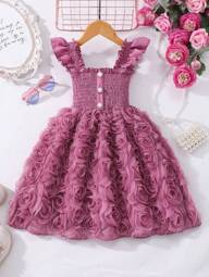 Glamorique Kids Ung flicka enfärgad volangblommig skarv Elegant ärmlös klänning, sommar