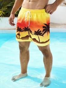 Manfinity VDAYZ Men's Ombre Palm Tree Print Beach Shorts, Summer - Yellow - View 4