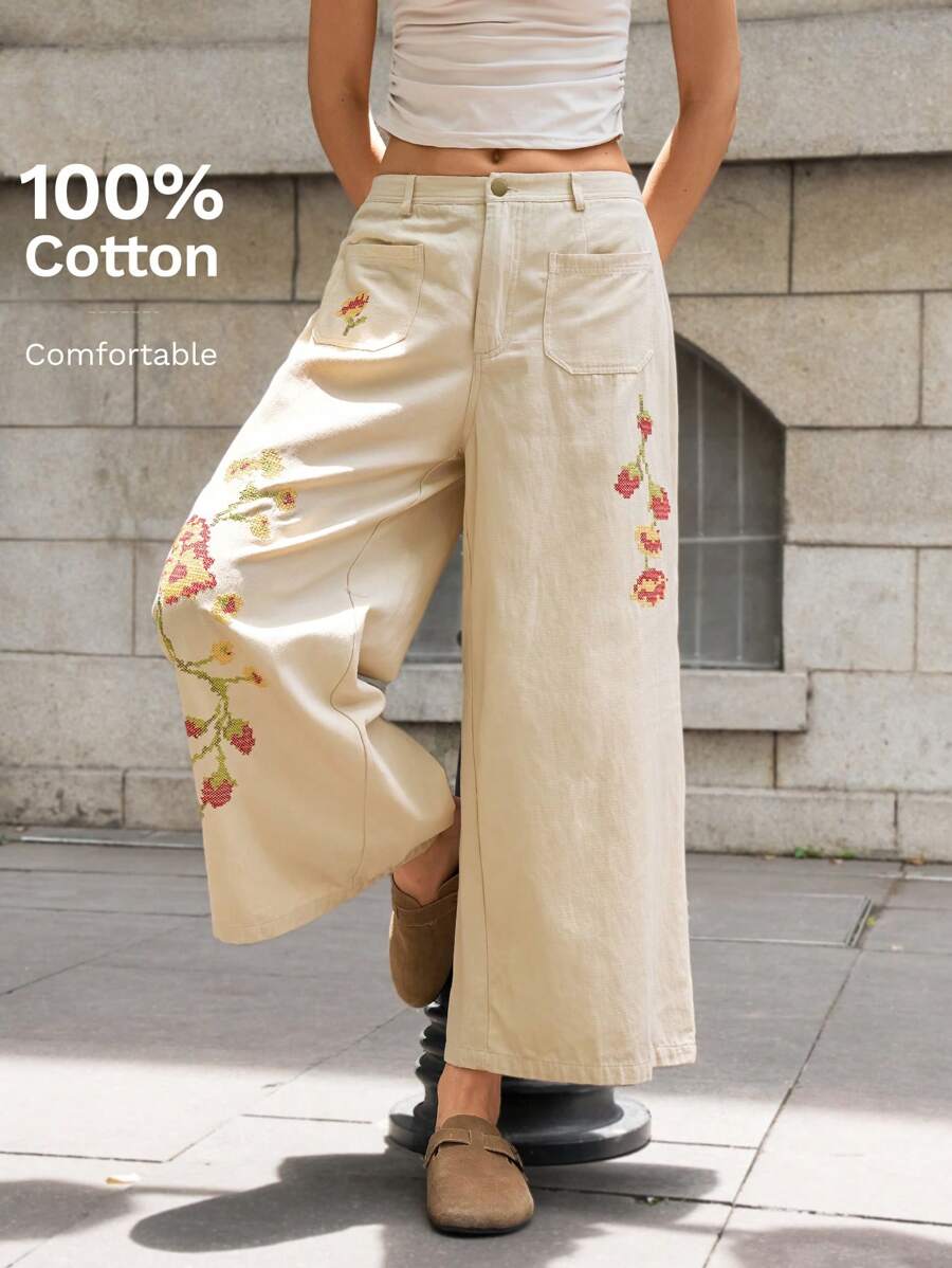 Bohemela Quần ống rộng in hoa cỡ lớn cho nữ mặc thường ngày ngày lễ - Màu be - Xem 1