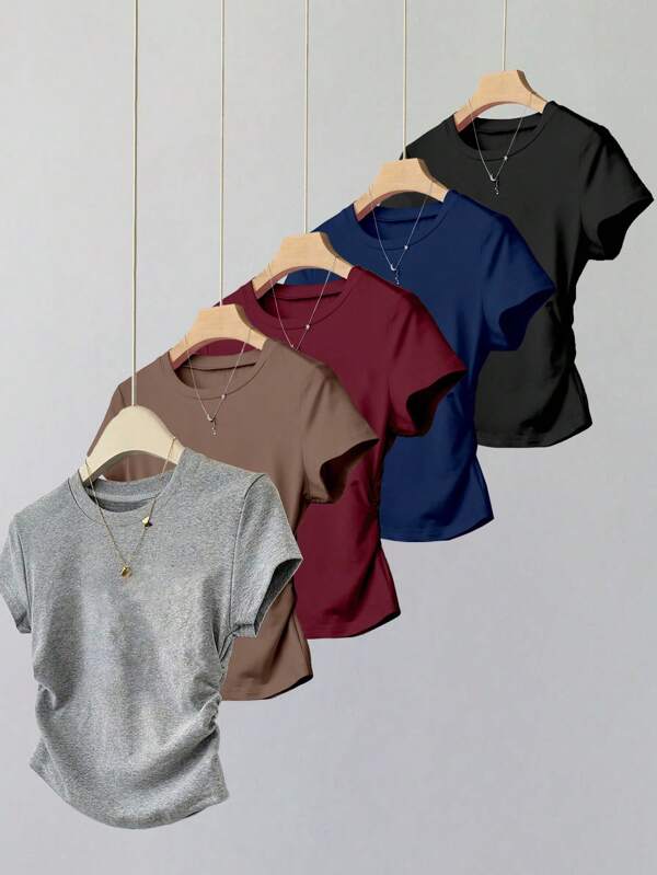 SHEIN Set de 5 camisetas de manga corta de color liso con cintura ajustada para adolescentes