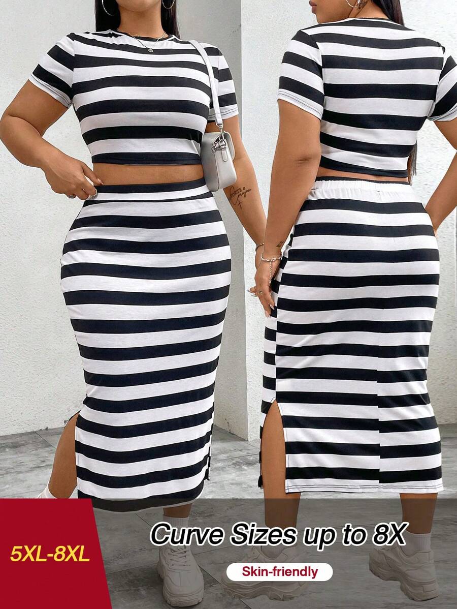 SHEIN CURVE+ Plus Size Striped Contrasting Color Casual Fitted Short Sleeve Top And Split Hem Skirt Set - Black and White - View 1