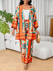 Lyxana 2pcs/Set Women's Summer Vacation Floral Print Shirt And Pants Set