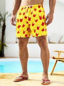 Surfspeed Men's Summer Vacation French Fries Print Drawstring Waist Beach Shorts - Multicolor - View 7