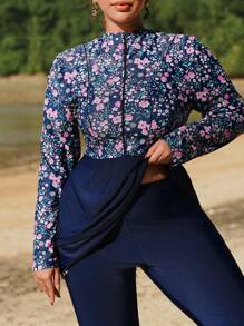 Swim Mulvari Set da bagno da donna taglie forti a 2 pezzi, navy blu con patchwork a fiori ditsy, camicia lunga con chiusura lampo davanti e pantaloni lunghi, burkini da spiaggia per vacanze