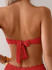 SHEIN Swim 2 件套春假夏季海滩纯色比基尼套装，女式露背贝壳边泳衣 - 紅色 - 查看 4