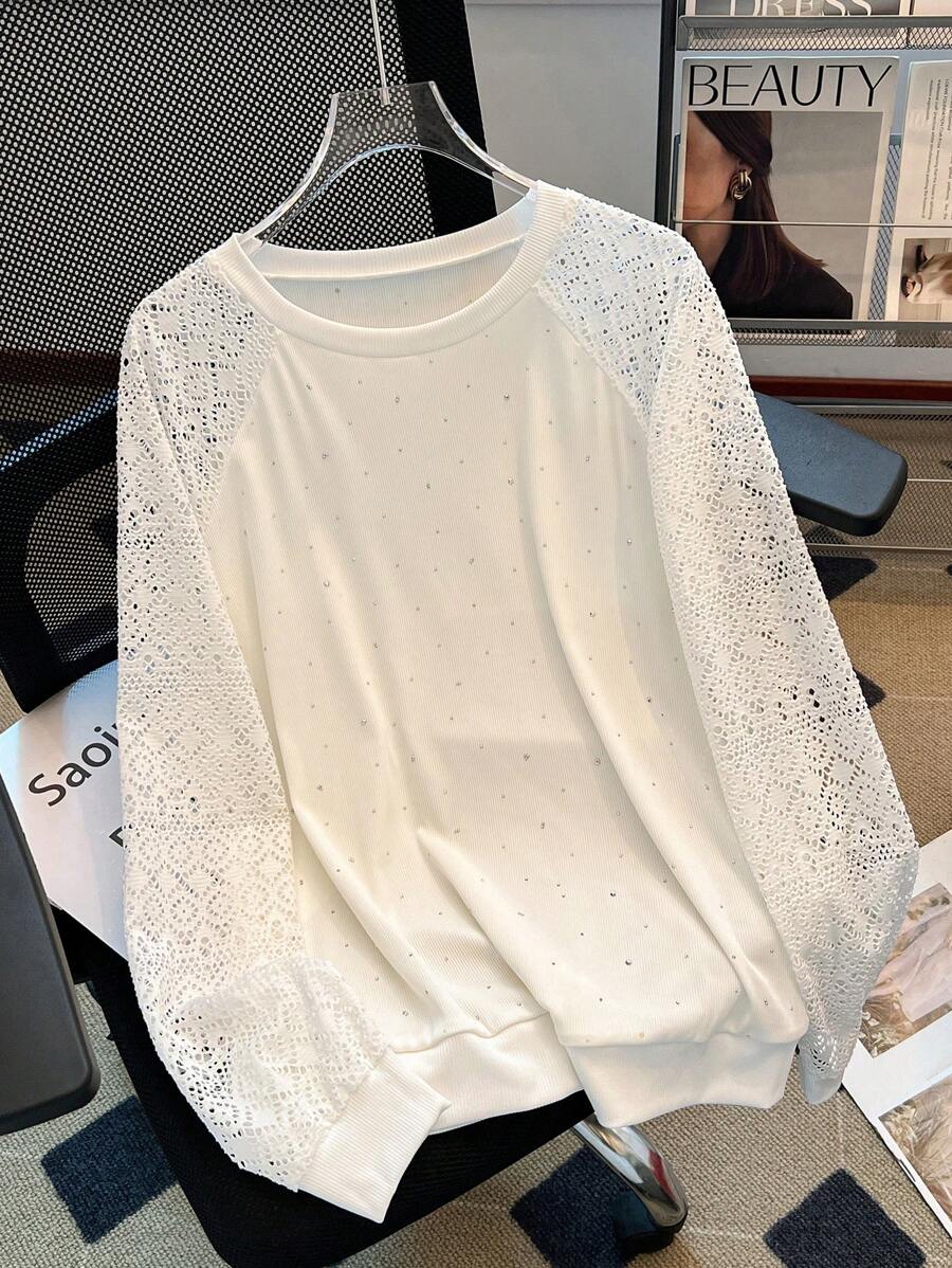 Franclia Casual Rhinestone Lace Hollow Women Sweatshirt - White - View 1