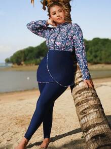Swim Mulvari Set da bagno da donna taglie forti a 2 pezzi, navy blu con patchwork a fiori ditsy, camicia lunga con chiusura lampo davanti e pantaloni lunghi, burkini da spiaggia per vacanze