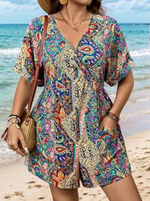 SHEIN LUNE Plus-Size Women Summer Paisley Print Holiday Jumpsuit For Women