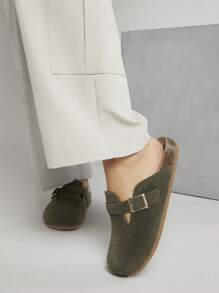 SHUZIA Sandal Selop Wanita Ujung Bulat dengan Alas Kaki Gabus dan Tali Gesper yang Dapat Diatur, Hadiah Hari Ibu - Olive Green - View 5