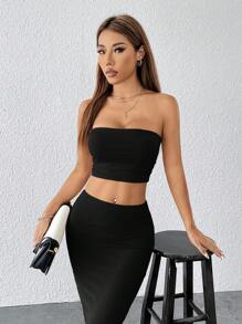 SHEIN PETITE Váy Bandeau co giãn dệt kim màu trơn & chân váy bút chì - màu đen - Xem 7
