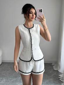 Franclia 休闲优雅蕾丝边修身圆领无袖上衣+高腰阔腿短裤2件套 杏色薄款 夏季 - 杏色 - 查看 3