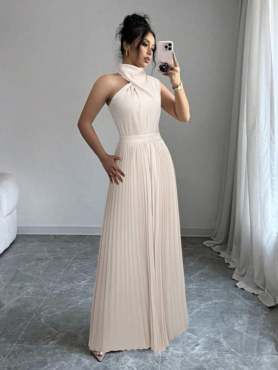 Firerie Women's Elegant Chiffon Ruched Crew Neck Sleeveless Wide Leg Jumpsuit, Apricot Color, For Commuting & Holiday - Apricot - View 1