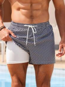 Manfinity Swimmode Men's Summer Holiday Plaid Drawstring Waist Beach Shorts, Hawaiian