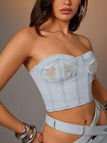 Denimoi Women's Casual Distressed Cropped Denim Bustier Top, Summer - Blue - View 1