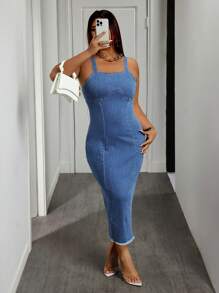 SHEIN SXY Plus Size Women Frayed Hem Fitted Camisole Denim Dress - Blue - View 6