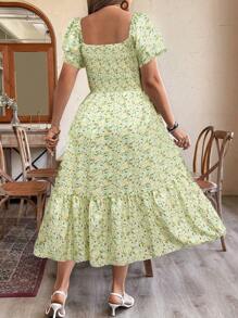 EMERY ROSE Plus Size Vacation/Leisure Ditsy Floral Print Dress With Cinched Waist Maxi Women Outfit
