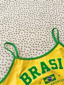 Top de tirantes casual con diseño gráfico vibrante de Brasil y contraste de color, top corto deportivo y de ocio ajustado, adecuado para el verano