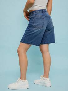 SHEIN Unity 短款高腰破洞夏季秋季牛仔短裤，适合西部音乐会、乡村音乐节等场合，女士穿着。 - 中等水洗藍 - 查看 2