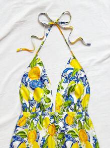 Soleia Top crop da donna senza maniche e senza schienale con stampa di frutti tropicali colorati della Sicilia, adatto per vacanze