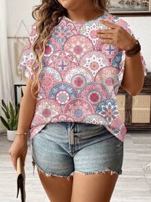 EMERY ROSE Camiseta holgada de cuello redondo con estampado floral en bloques de color, adecuada para el verano, tallas grandes