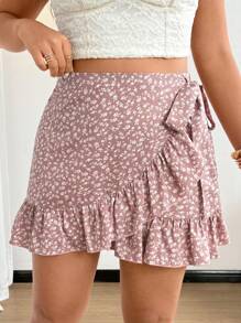 Ceyna Plus Size Ditsy Floral Ruffle Hem Fitted Wrap Mini Skirt, Romantic Holiday Style - Apricot - View 3