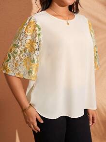 EMERY ROSE Blusa informal de manga corta con encaje floral para mujer talla grande, ideal para vacaciones - Blanco - Ver 5