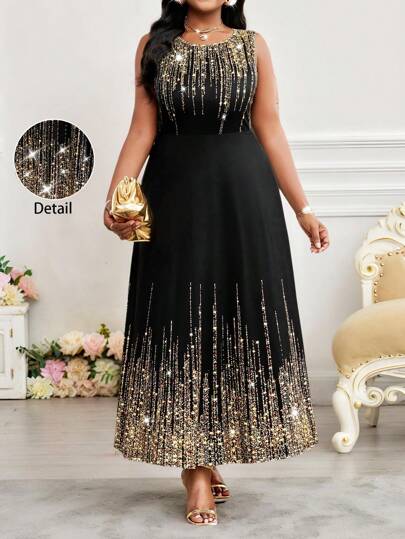 SHEIN Lady 春夏优雅派对婚礼酒会音乐会/音乐节音乐会/音乐节针织圆领圆领喇叭袖长款无袖大码连衣裙生日和活动连衣裙婚纱音乐会狂欢服装节日茶会服装大码夏装女装夏季狂欢服装节日节日服装狂欢服装女士节日服装女士夏装女士生日礼服女士夏季礼服女士夏季服装