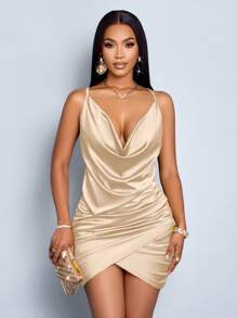 SOLERSUN Elegant Solid Color Draped Collar Backless Ruched Satin Party Bodycon Short Dress - Apricot - View 6