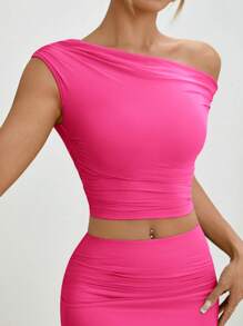 SHEIN PETITE Asymmetric Neck Ruched Blouse And Skirt 2Pcs Suit Set - Hot Pink - View 7
