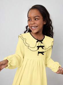 Maija Kids Maija Kids Young Girl Loose Casual Layered Peter Pan Collar Bow Decor Long Sleeve Dress