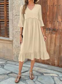 EMERY ROSE Women's Mid-Length Solid Color Long Sleeve Dress, Fashionable For Summer - Apricot - View 5