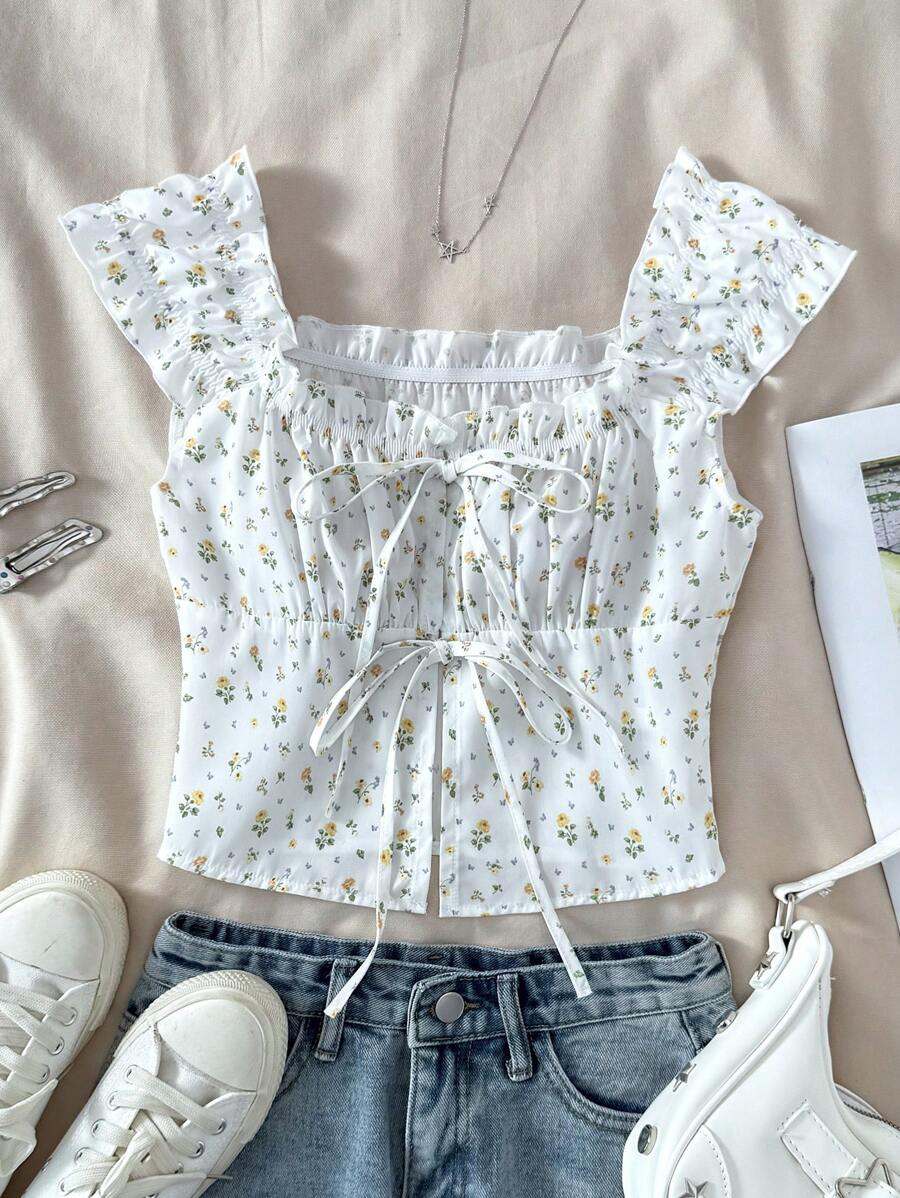 Teen Girl Summer White Ditsy Floral Bow Puff Sleeve Blouse, Versatile White Shirt, Sweet & Cute Summer Blouse