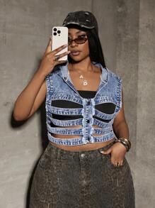 Slaydiva Giacca di jeans con cappuccio senza maniche, bottoni frontali e design traforato, adatta a taglie comode