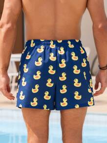 Manfinity Swimmode Men Duck Print Drawstring Waist Swim Beach Shorts Milk Silk Lining, Hawaiian - Navy Blue - View 2